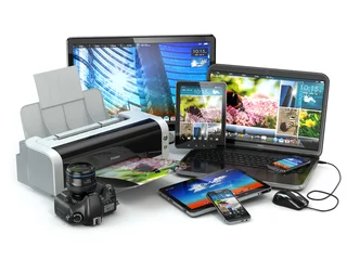 Foto op Plexiglas Computer devices. Mobile phone, laptop, printer, camera and tabl © Maksym Yemelyanov