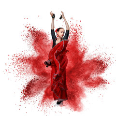 Naklejka premium young woman dancing flamenco against explosion
