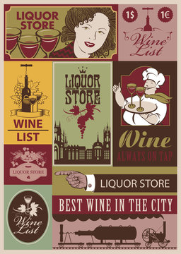set of retro banners on the wine and  liquor store