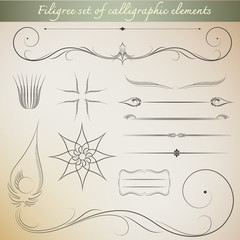 Filigree set of calligraphic elements for vintage design. Vector