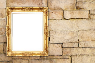 blank golden frame on brick stone wall