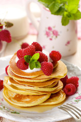 Pancakes with fresh raspberries