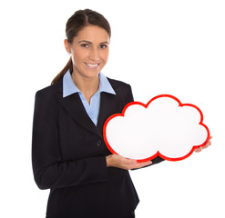 Attraktive Geschäftsfrau in Blau mit Schild für Werbung in Rot