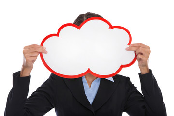 Schild mit business Frau in rot freigestellt