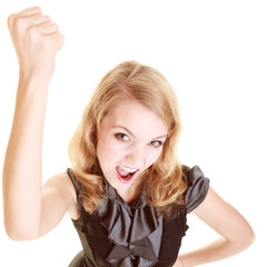 Naklejka premium Angry businesswoman furious woman shaking fist at you