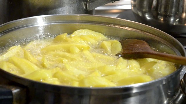 French Fries. Chips in a oily pan.
