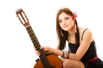 Fototapeta premium Music lover, summer girl with guitar isolated