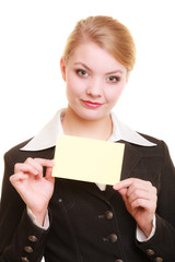 Ad. Businesswoman holding blank copy space card