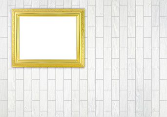 blank golden frame on brick stone wall