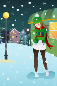 Girl standing in the middle of winter night