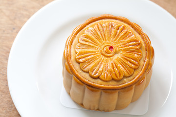 Moon Cake close up on old wood table , Chinese Culture