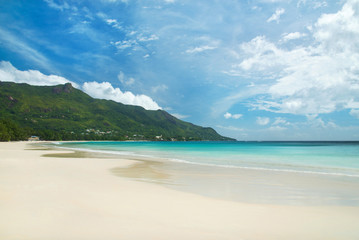 Tropical beach Beau Vallon at island Mahe, Seychelles