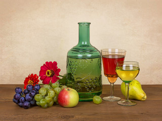 Still life with wine, fruits and flowers