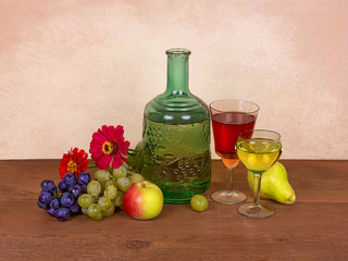 Wine, fruits and flowers; still life