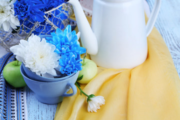 Composition of white and blue chrysanthemum close-up