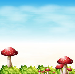 A garden with red mushrooms