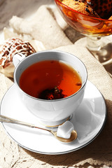 Cup of tea on table, close up