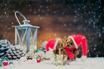 Small toy bears in christmas still life