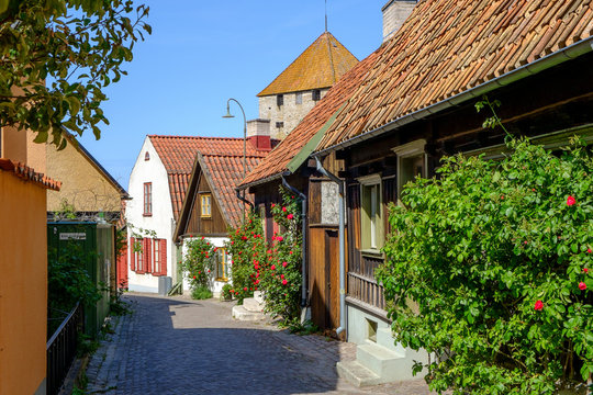 Medieval alley in the historic Hanse town Visby, Sweden.