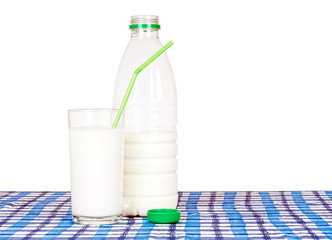Bottle and glass of milk, on check tablecloth. Green drinking st