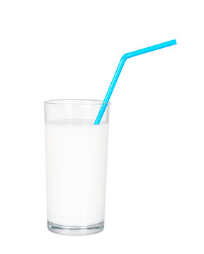 Glass of fresh milk with blue drinking straw. Isolated over whit