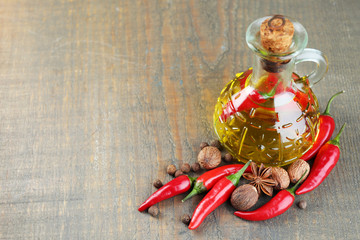 Homemade natural infused olive oil with red chili peppers and