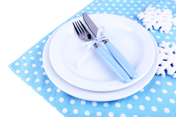 White plates, fork and knife isolated on white