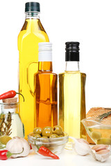 Different sorts of cooking oil, isolated on white