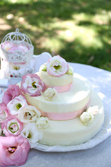 Beautiful wedding cake with flowers on table, outdoors