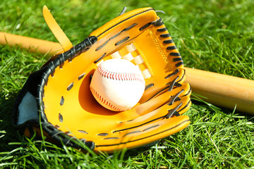 Baseball bat, ball and glove on green grass background