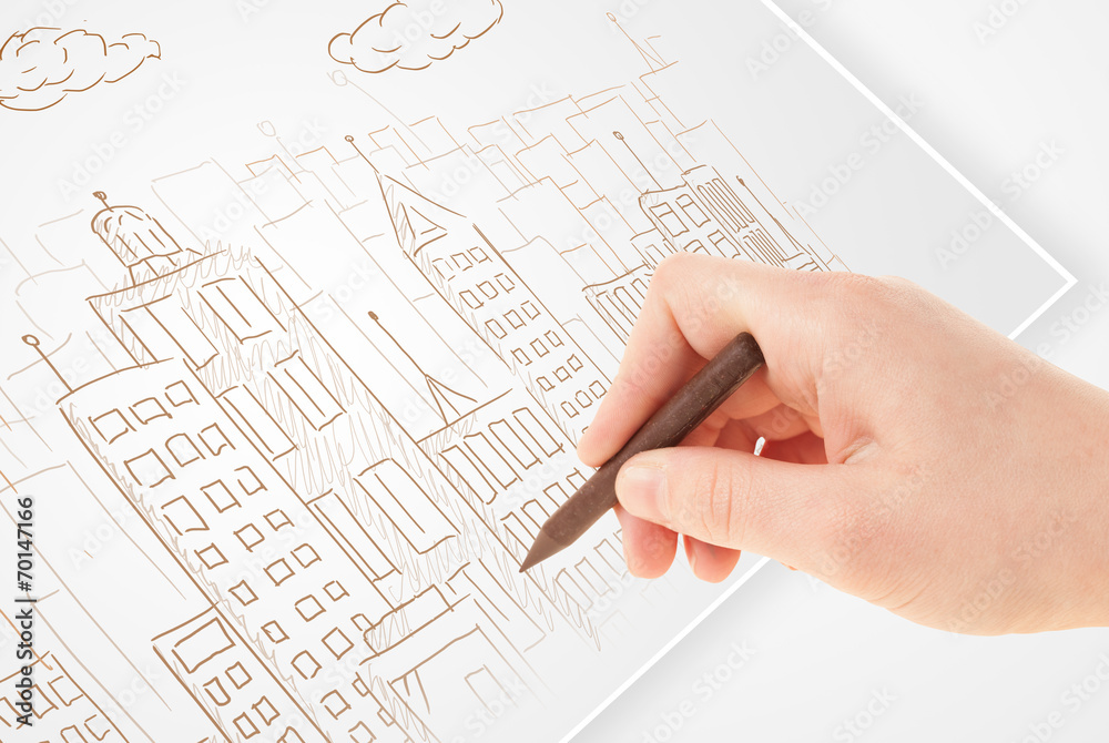 Poster a person drawing sketch of a city with balloons and clouds on a