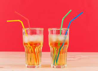 Apple juice on wood table.