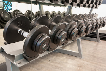 Weights, close up many size of black dumbbell in fitness room