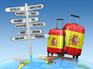 Naklejka premium Travel concept. Suitcases and signpost what to visit in Spain.