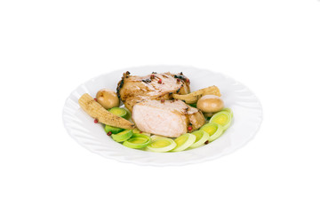 Warm meat salad with vegetables.