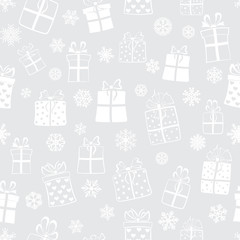 Fototapeta na wymiar Seamless pattern of gift boxes, white on gray