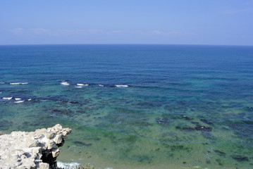 Shallow water of Mediterranean sea beach near Apollonia