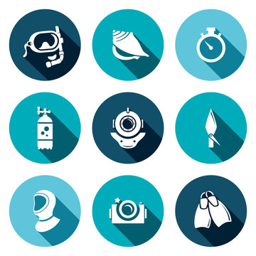 Diving flat icons set