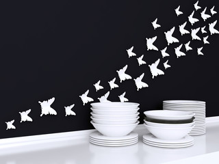 Ceramic kitchenware on the shelf.