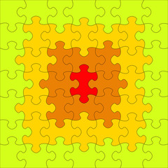 Puzzles different colors. In the center of a red puzzle. Raster