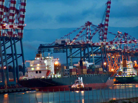 Container Ship moored at evening