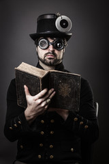 steam punk man with book
