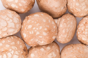 Closeup of tasty brown champignon mushrooms.