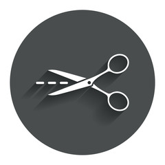 Scissors with cut line sign icon. Tailor symbol.