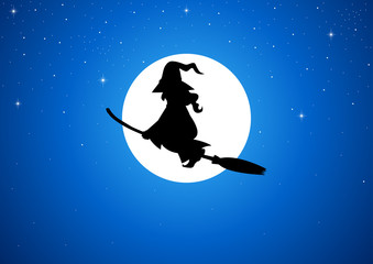 Obraz na płótnie Canvas Cartoon of a witch flying with her broom during full moon