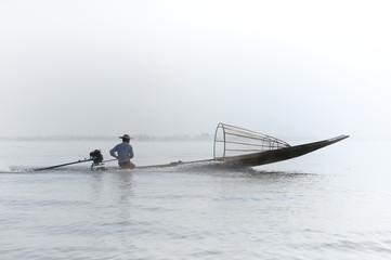Fototapeta na wymiar Myanmar, Shan state, Inle lake Intha fisherman on boat