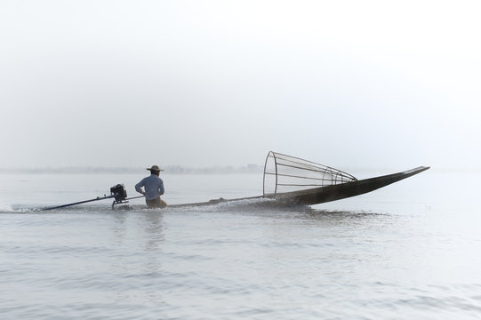 Myanmar, Shan state, Inle lake Intha fisherman on boat