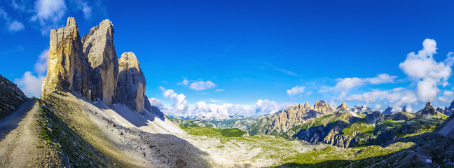 View of t Tre Cime di Lavaredo against blue sky, Dolomites