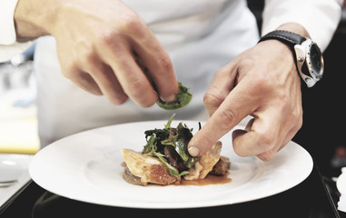 Chef is decorating delicious dish