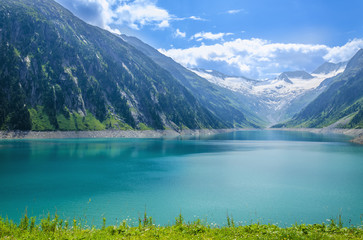 Fototapeta na wymiar View of Alpine lake Schlegeis, Zillertal Valley, Austrian Alps